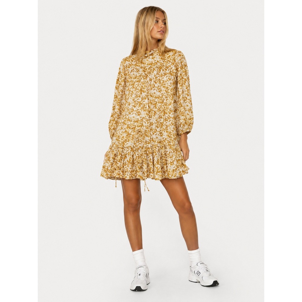 Topshop Floral Mini Dress Mustard Yellow Bohemian Long Sleeve Size 6 S NWOT